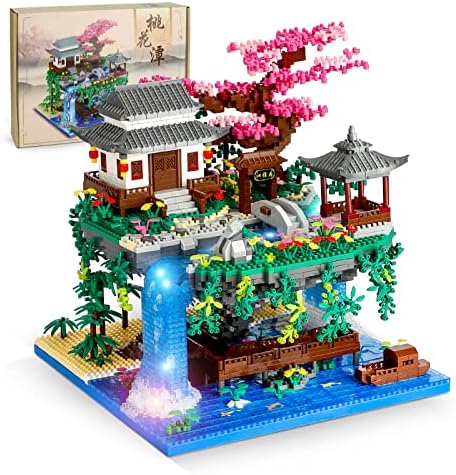 NEWABWN Peach Blossom Pond Micro Mini Building Blocks Set for Adults and Kids, Chinese Architecture Cherry Bonsai Tree Gift Toys with String Lights, Japanese Sakura Tree House Micro Bricks (3320PCS)