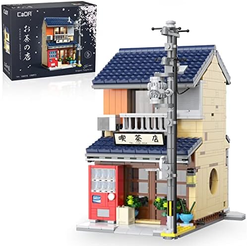 CADA Tea Shop Building Toys, 1200 Pcs Japanese Tea House Toy Building Sets with Light Set, Wall Openable Street Scene Building Bricks Perfect for 14+ Adults Birthday Gift & Display