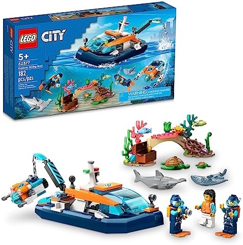 LEGO City Explorer Diving Boat 60377 Ocean Building Toy, Includes a Coral Reef Setting, Mini-Submarine, 3 Minifigures and Manta Ray, Shark, Crab, 2 Fish and 2 Turtle Figures