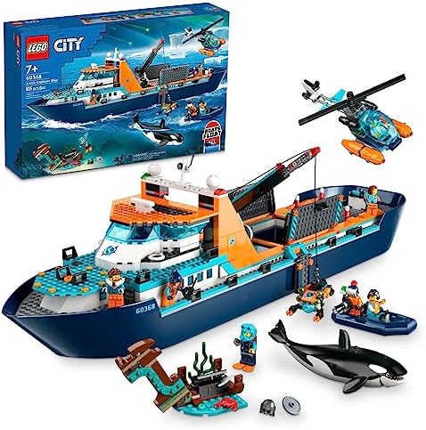 LEGO City Arctic Explorer Ship 60368 Building Toy Set, Fun Toy Gift for 7 Year Old Boys and Girls, with a Floatable Boat, Helicopter, Dinghy, ROV Sub, Viking Shipwreck, 7 Minifigures and an Orca