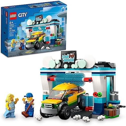 LEGO City Car Wash 60362 Building Toy Set, Fun Gift Idea for Kids Ages 6+, Features Spinnable Washer Brushes and Includes an Automobile and 2 Minifigures