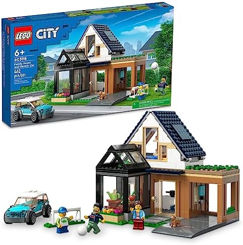 LEGO City Family House and Electric Car 60398 Building Toy Set, Includes a Kitchen, 2 Bedrooms, Greenhouse, Solar Panels Plus 3 Minifigures and a Puppy, Gift Idea for Ages 6+