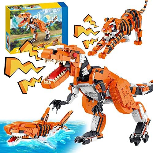 HEGOAI 3-in-1 Animal Dinosaurs Building Sets, Tigers, Sharks, Dinosaurs Creator Building Toys for Kids Boys Ages 7-12 Years, 1030 Pieces Mini Bricks