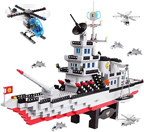1163 Pieces Large Military Battleship Building Blocks Toy Set with Helicopter, Fighter, Best Learning & Roleplay STEM Construction Toy Gift for Boys Girls Aged 6+