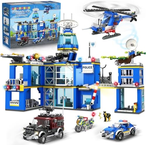 HOGOKIDS City Police Station Building Set - 1260 PCS Police Building Block Toys with Helicopter Motorcycle Police Vehicle Bandit Car, STEM Police Construction Gift for Kids Boys Girls Ages 8-12+ Years