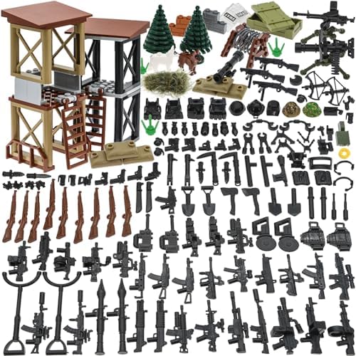 BloxBrix 215pcs Weapons-Machine-Guns-Rifles Compatible with Major Brands,Guns-Minifigures-add-ons-Militarybase-Toy-Soldiers-Sentry Post, WW2-Modern-SWAT-Battle-Ammo-sandbag- Army Accessories