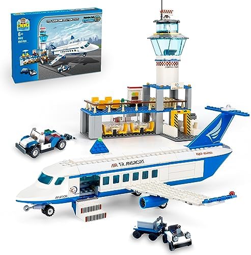 QLT City Airplane Building Kit,Compatible with Lego Airport Passenger Plane with Baggage Truck, Radar Tower with LED Light 518 PCS Construction Toys for Kids 6-12 yrs Old and Adults