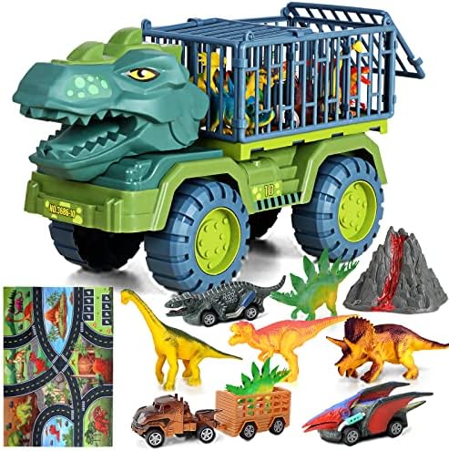 Deejoy Toy Truck, Dinosaur Transport Car with Dinosaur Toys, Dinosaur Pull Back car, Play mat, Dinosaur Identification Cards, Dinosaur Playset Birthday Gift for Kids Boys Grils 3 4 5 6 7