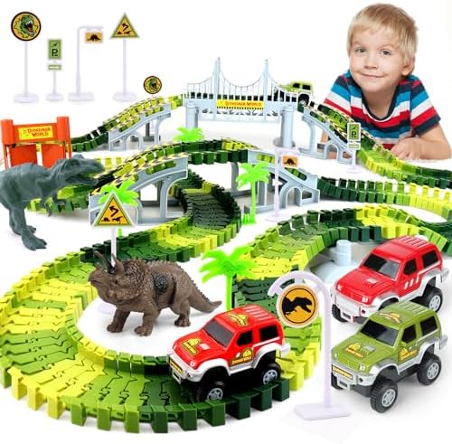 Dinosaur Toys for Kids 3-5, Create A Dino World with Bendable Flexible Racetrack Cars and Dinosaurs, STEM Educational Playset Birthday Gift for 3 4 5 6 Year Old Boys, Ages 3+