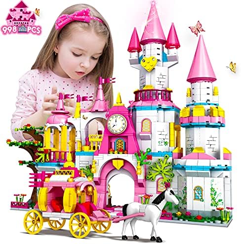 HOGOKIDS Girls Castle Princess Building Toys - Girl Dream House 5-in-1 Pink Castle & Carriage Playsets STEM Building Blocks Set Fantasy Gifts for Kids Age 6 7 8 9 10 11 12 Years Old (998 PCS)