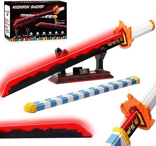 Demon Slayer Sword, 27in Rengoku Kyoujurou Sword Building Block with Scabbard and Stand, Cosplay Anime Sword Toy Building Set for Collecting and Gifting 790 Pieces (Compatible with Lego) Luminous